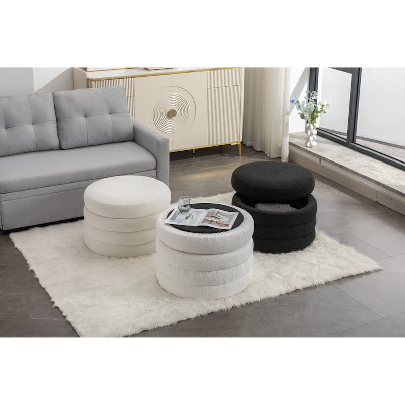 Velvet Round Ottoman with Storage, Footstool with Wooden Shelving, Multifunctional Round Vanity Stool for Makeup