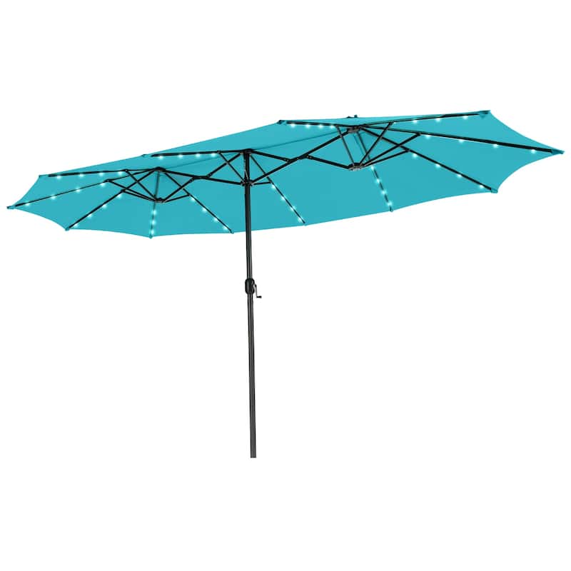 15ft Twin Outdoor Patio Umbrella with 48 Solar LED Lights and Crank