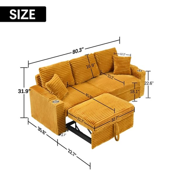 dimension image slide 4 of 6, 80.3" L Shaped Couch with Pull Out Bed Corduroy Sleeper Sofa Bed Convertible Sectional Couches with Cup Holder for Living Room