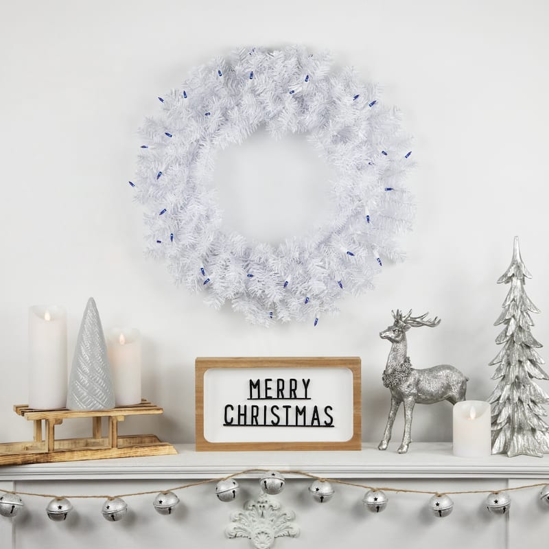 Woodbury White Pine Artificial Christmas Wreath, 24-Inch, Blue Lights