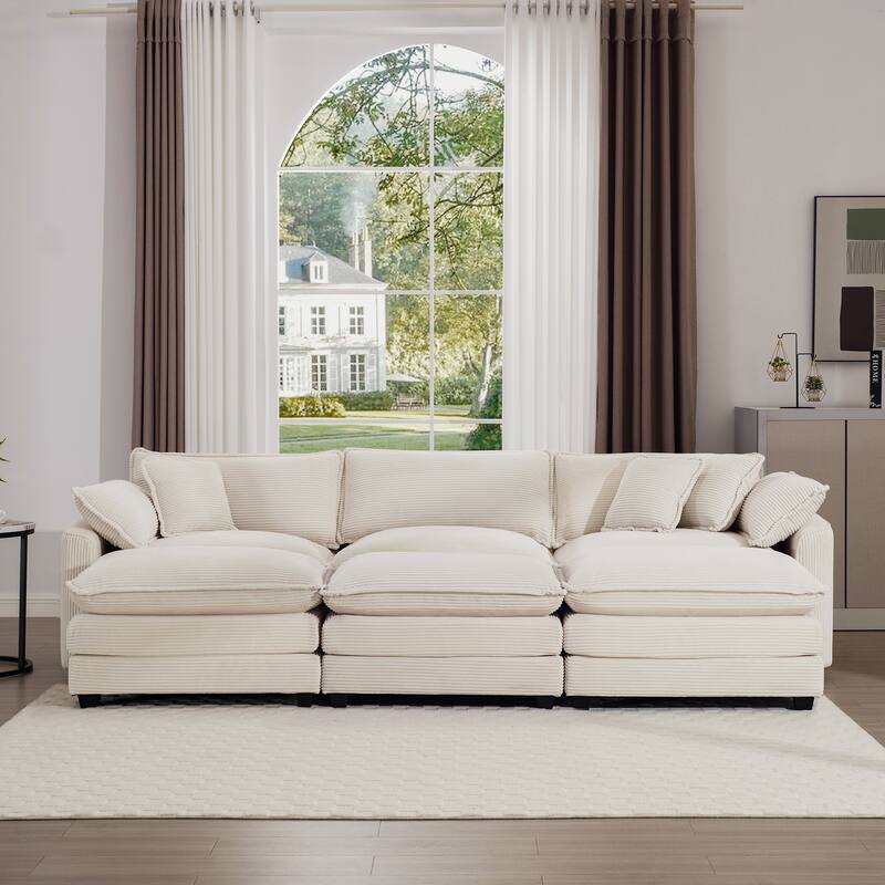 Oversized Corduroy Sofa with 3 Ottomans, Modular Set for Living Room, Convertible Sleeper