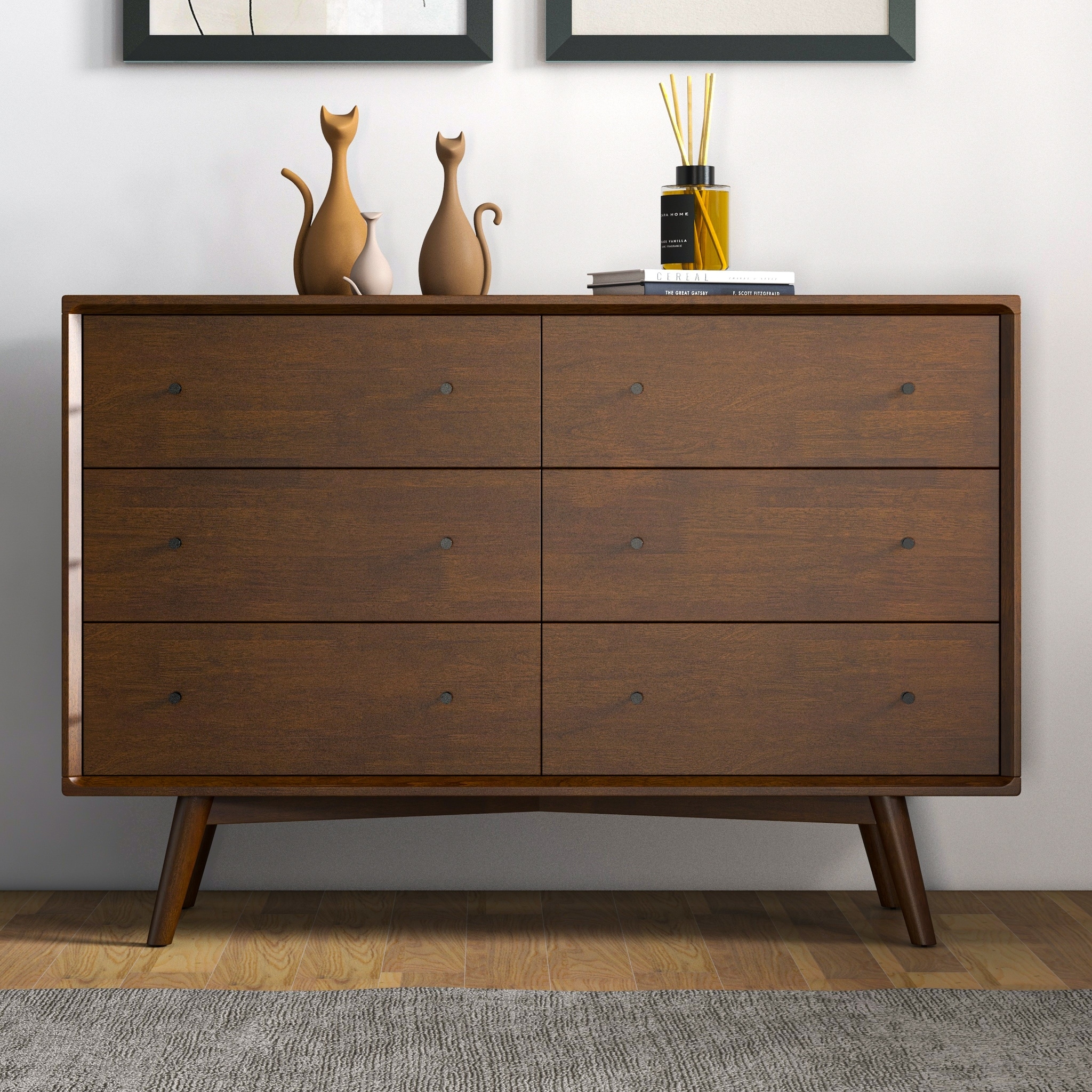 Novel Mid-Century 6-Drawer Dresser Solid Wood in Brown