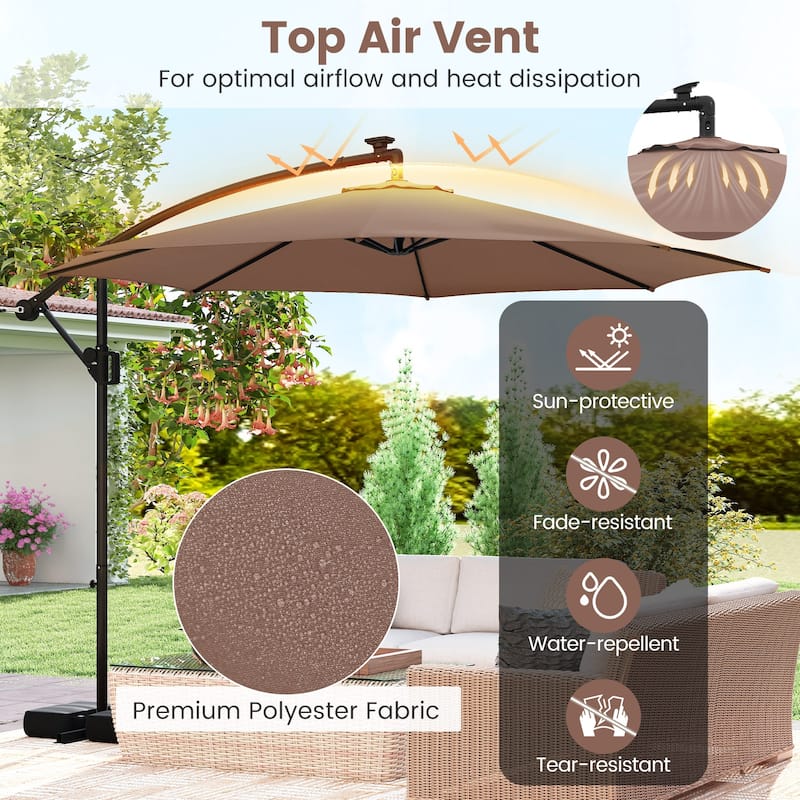 Costway 10 FT Solar Offset Hanging Umbrella with Base Patio Cantilever
