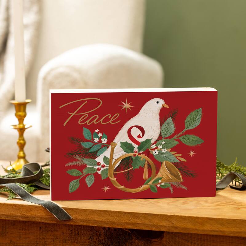 Dove Sign Wood Block - "Peace" - 12"L x 8"H - Multicolor