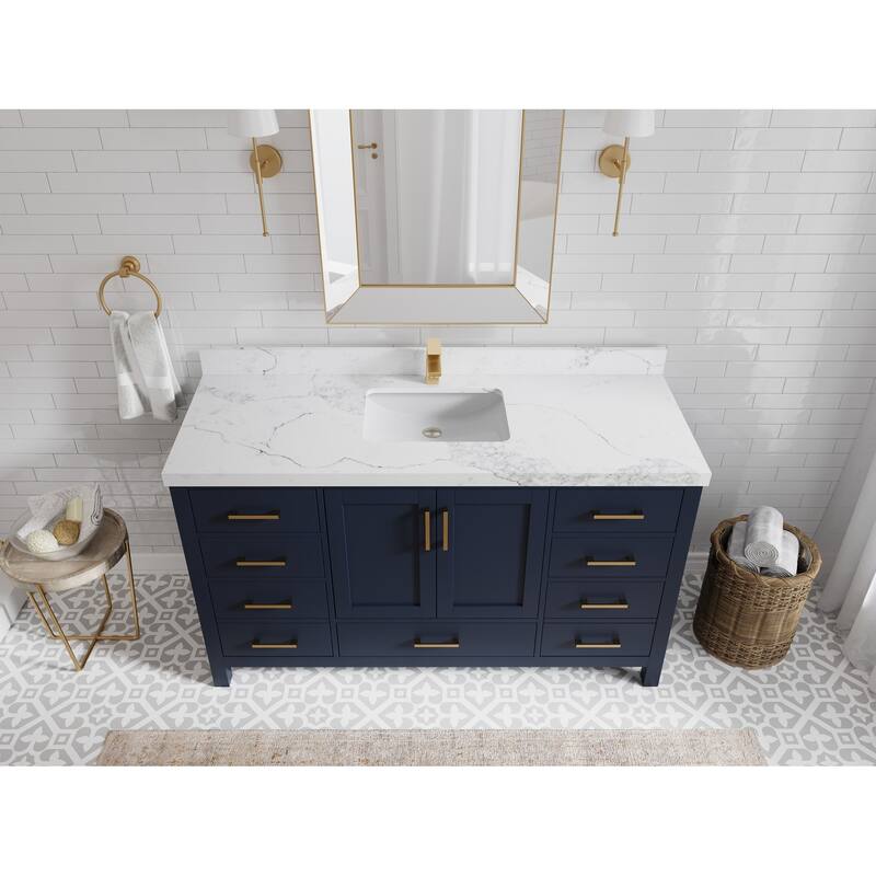 Willow Collections 60 in. W x 22 in. D Malibu Single Sink Bathroom Vanity with Countertop - 2" Calacatta Nuvo - Navy Blue