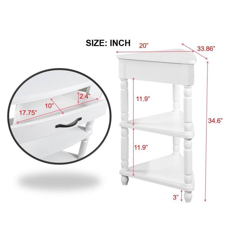 33.8" Small Truangle Corner Table, Solid Wood Corner Side Table with 2 Tier Shelves and Storage Drawer, Living Room Sofa Table