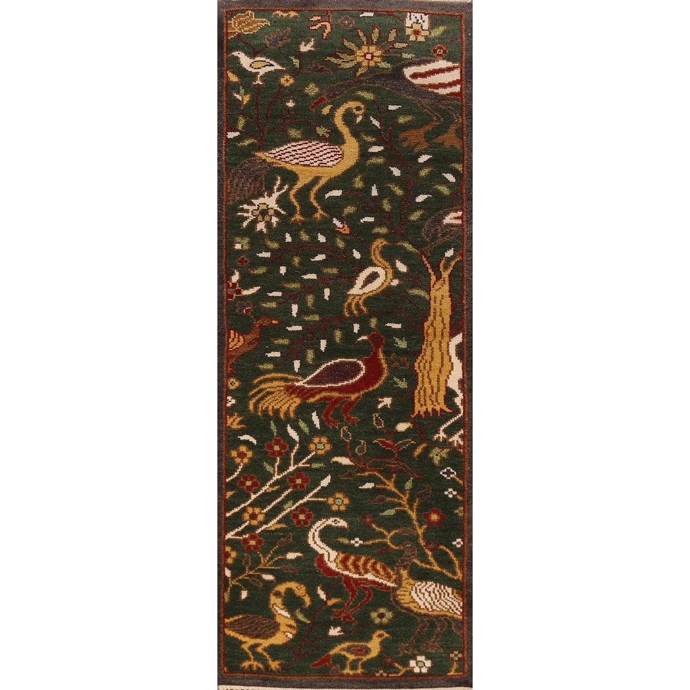 Animals Green Ziegler Indian Runner Rug Handmade Wool Carpet - 2'6" x 8'0"
