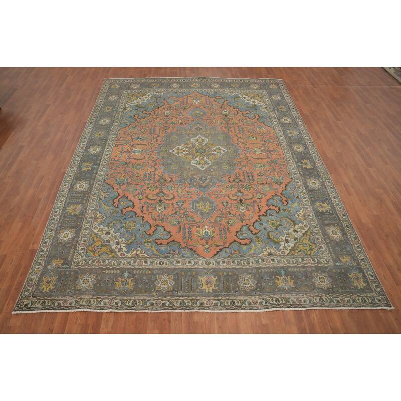 Hand Knotted Oriental 100% Wool Carpet Traditional Floral Coral Tabriz Area Rug - 12' 8'' X 9' 7''