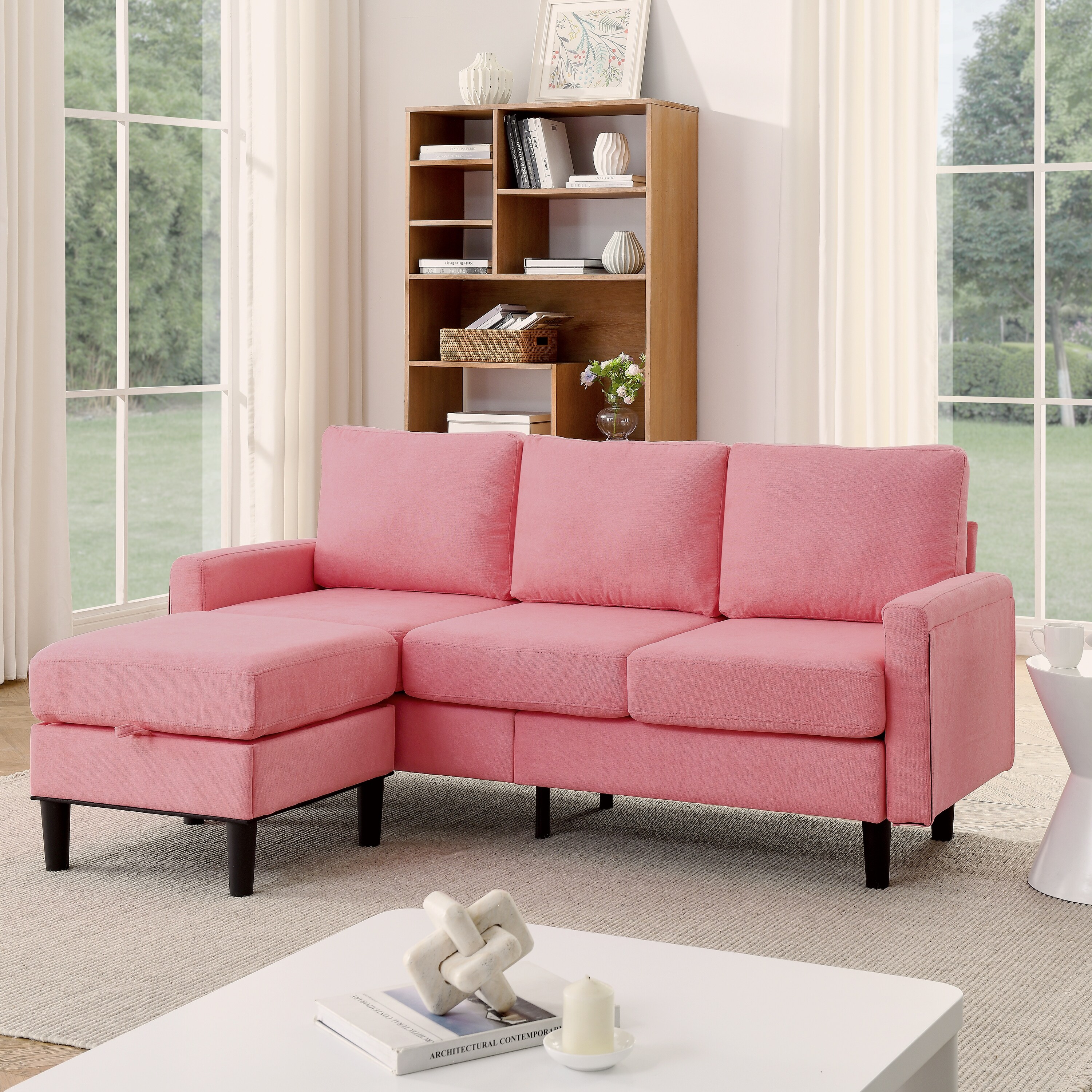 Pink Upholstered L Shaped 3 Seater Sectional Sofa with Storage