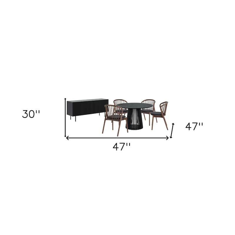 HomeRoots Six Piece Black Round Dining Set with Four Chairs and Sideboard