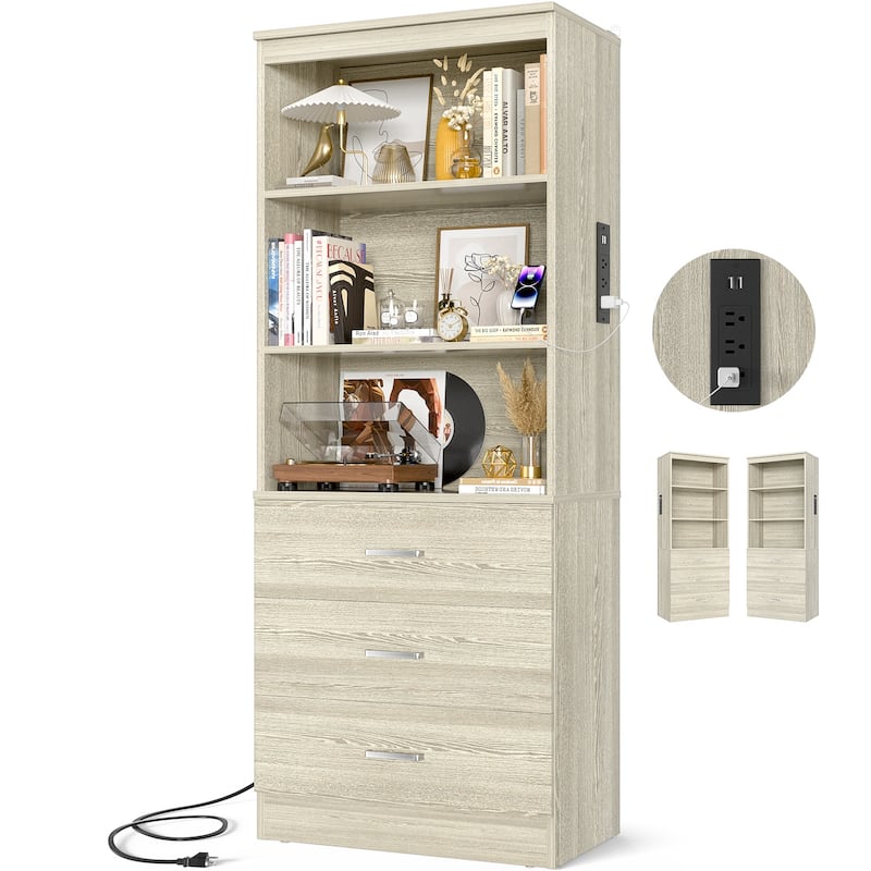 6-Tier 23.6'' Display Cabinet with Charging Station and Drawers, Bookcase Storage Shelf Kitchen Pantry