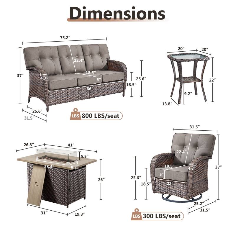 TWrap Wicker Patio Fire Pit Conversation Set with 3-Seat Sofa & Swivel Gliders