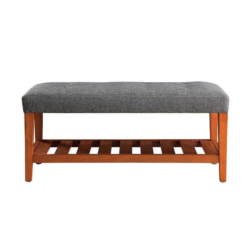 Fabric Upholstered Bench with Open Storage, Blue and Oak