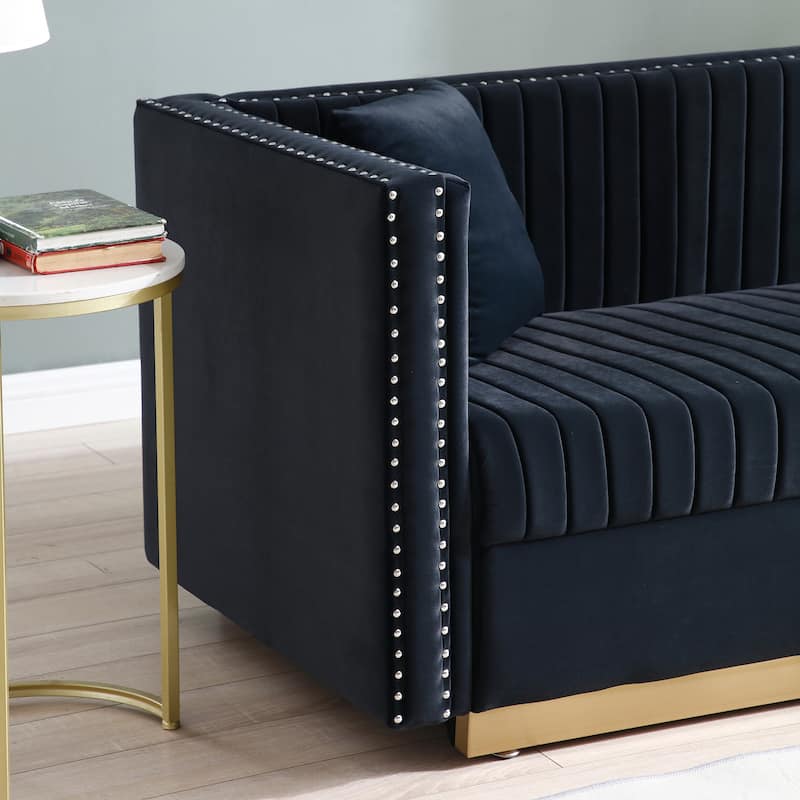 78" Velvet 3-Seater Sofa with Vertical Channel Tufting, Gold Base, Nailhead Trim, and 2 Pillows