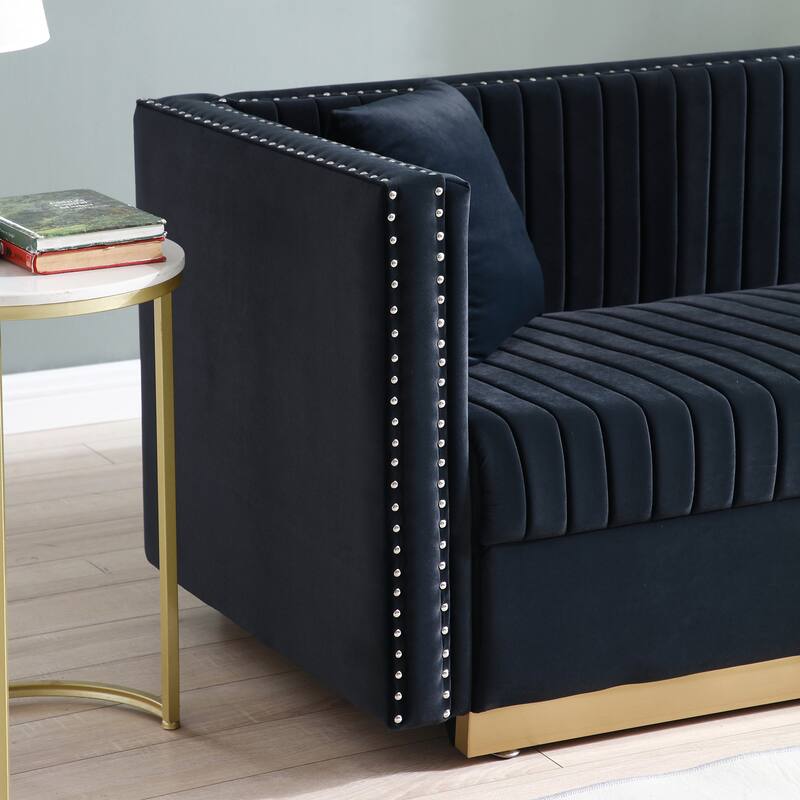 Contemporary Velvet Sofa with Channel Tufting and Gold Base, Perfect for Living Room or Apartment