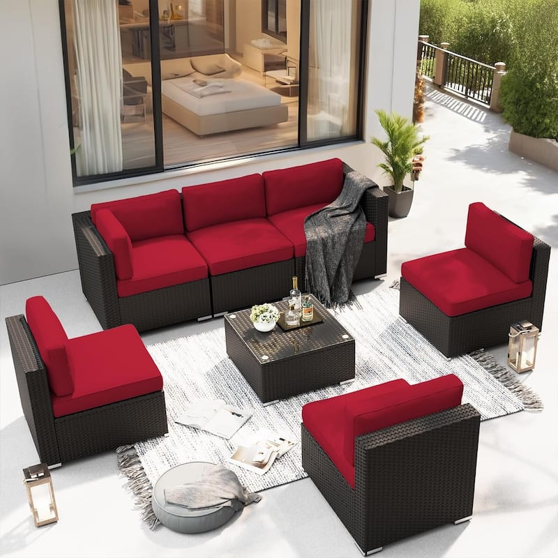 7-piece Outdoor Patio Black Wicker Rattan Cushioned Sectional Sofa Conversation Set by Havenside Home