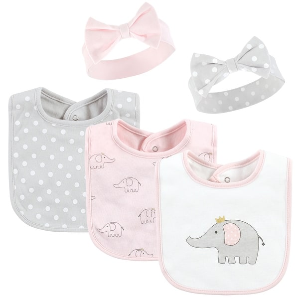 slide 1 of 1, Hudson Baby Infant Girl Cotton Bib and Headband or Caps Set, Pink Gray Elephant, One Size - Pink Gray Elephant - One Size One Size - Pink Gray Elephant