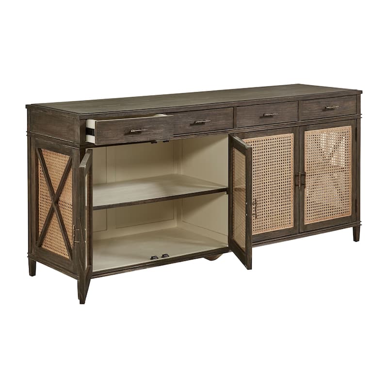 Cambridge 78-inch Open Cane Buffet with Shelves & Drawer Storage