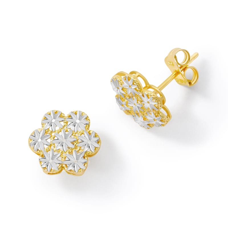 Clover 14K Two-Tone Gold Diamond-Cut Floral Stud Earrings