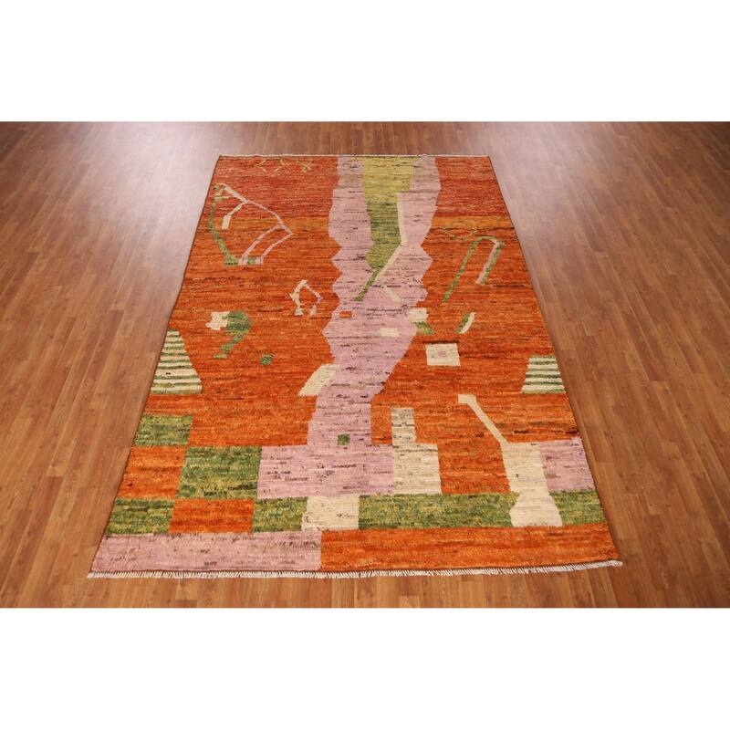 Orange Moroccan Area Rug Hand-Knotted Oriental Wool Carpet - 6'7" x 9'9"