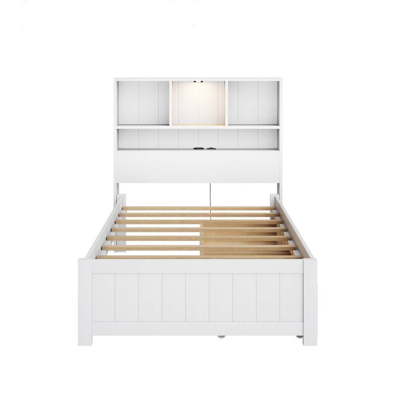 Wood Platform Bed Frame with Built-In Night Light/Charging Station/Open Bookcase Headboard/and 2 Side Drawers/Wood Slats Support