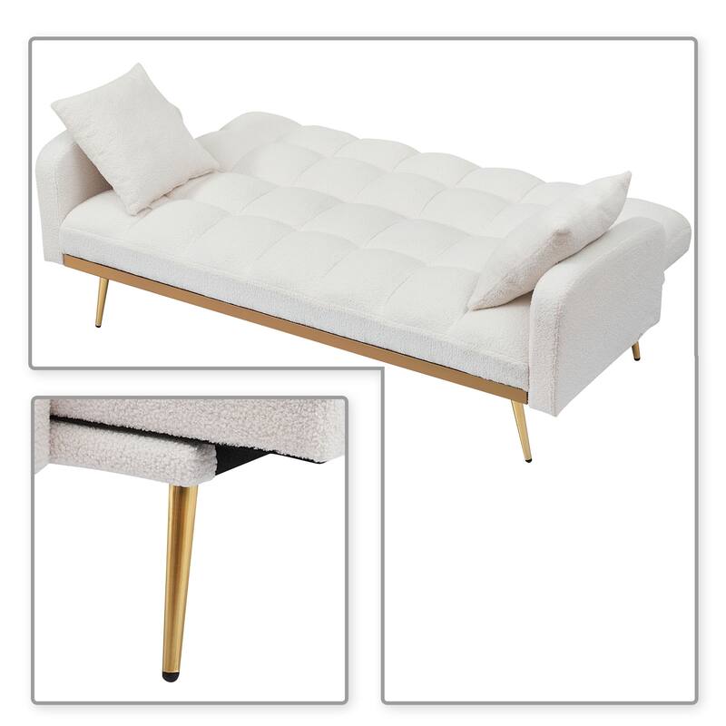 Classic Teddy Fabric Upholstered Convertible Futo Sofa Bed with 2 Throw Pillows