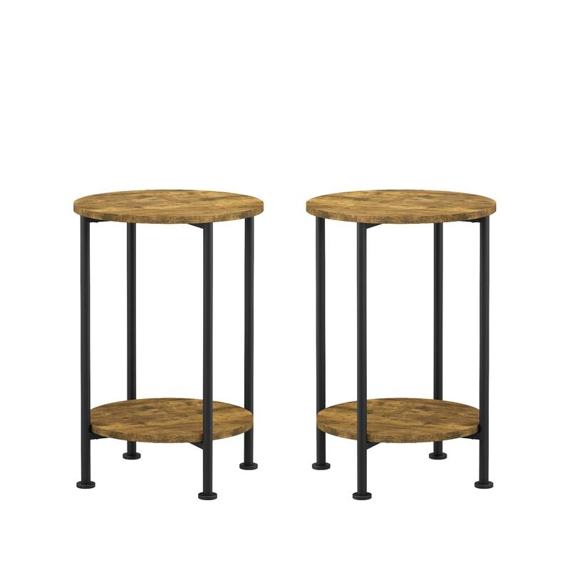 Anmytek Rustic Brown 3 Piece Coffee and End Table Set with Storage Shelves Round Modern Farmhouse Living Room Accent Table Set