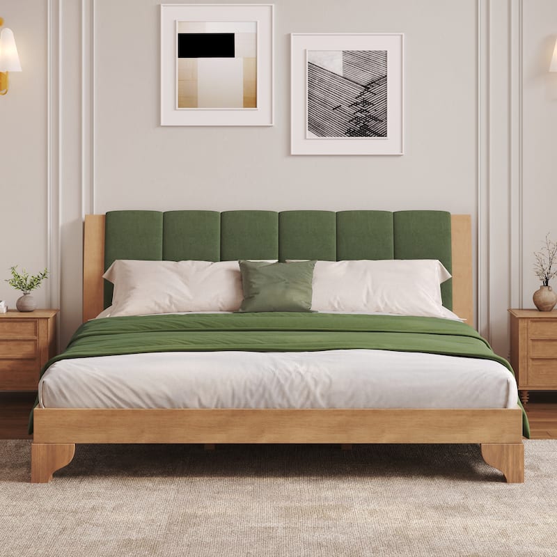 Pine Wood Bed Frame Mid Century Modern Platform Bed with Green Upholstered Headboard, Wood Slat Support Low Profile Wingback Bed