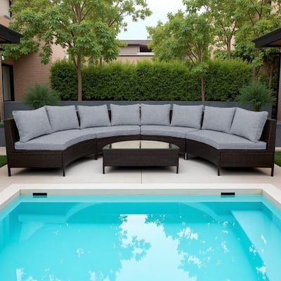 5-Piece Outdoor PE Rattan Sectional Sofa Set with Half-Moon Tempered Glass Table and Cushions