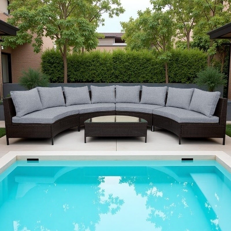 5-Piece Outdoor PE Rattan Sectional Sofa Set with Half-Moon Tempered Glass Table and Cushions
