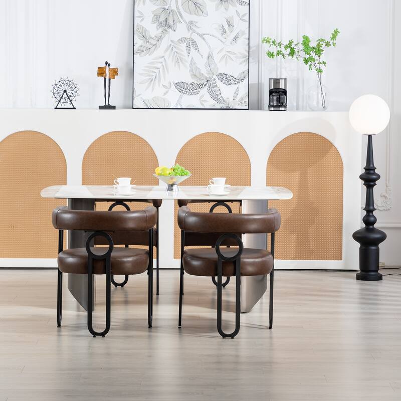 Dark Brown PU Upholstered Accent Chair Dining Chair Barrel Side Chairs Kitchen Armchair for Living Room Dressing Room Set of 3
