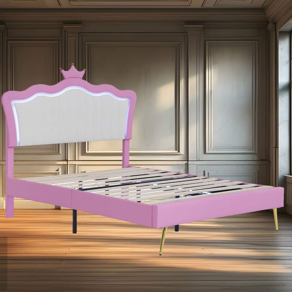 Full Size Upholstered Bed Frame with LED Lights, Crown Headboard, Modern Princess Bed