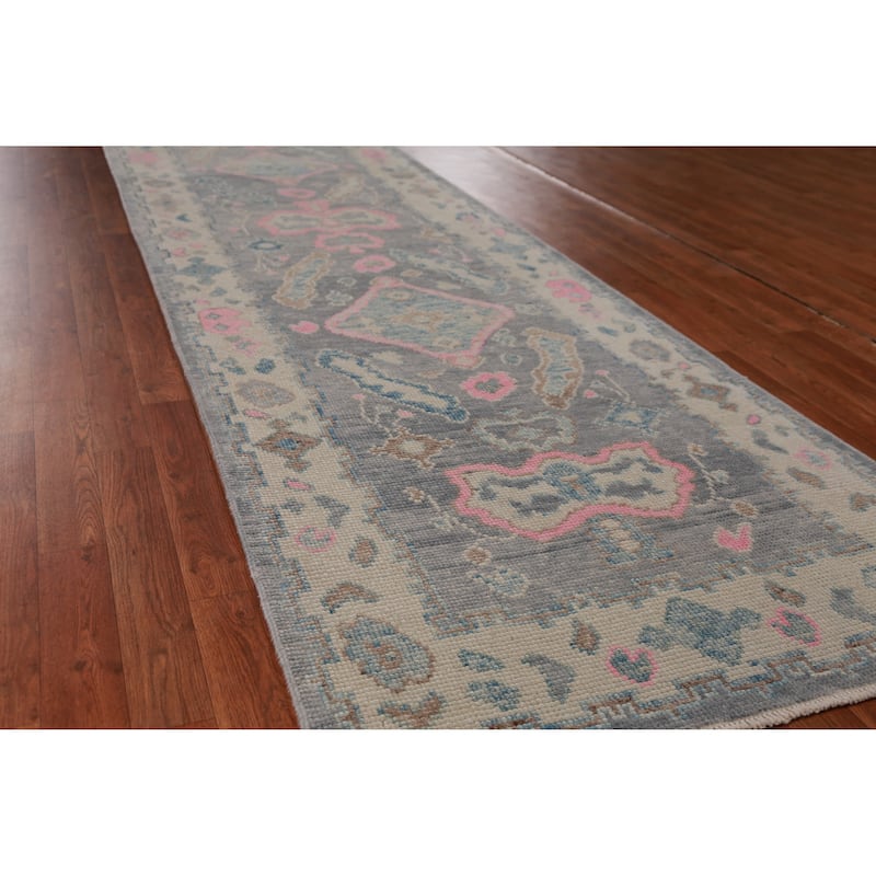 Hand Knotted Oriental 100% Wool Carpet Transitional Geometric Greys & Charcoal Oushak Runner Rug - 16' 1'' X 3' 5''