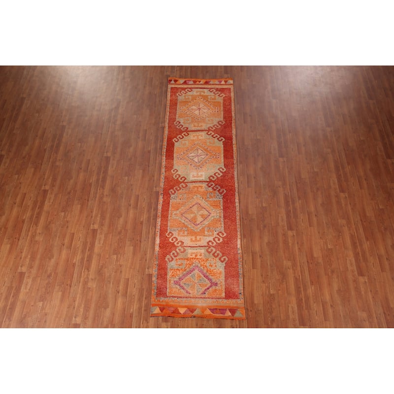 Orange Oushak Turkish Vintage Runner Rug Handmade Wool Carpet - 3'1"x 10'11"
