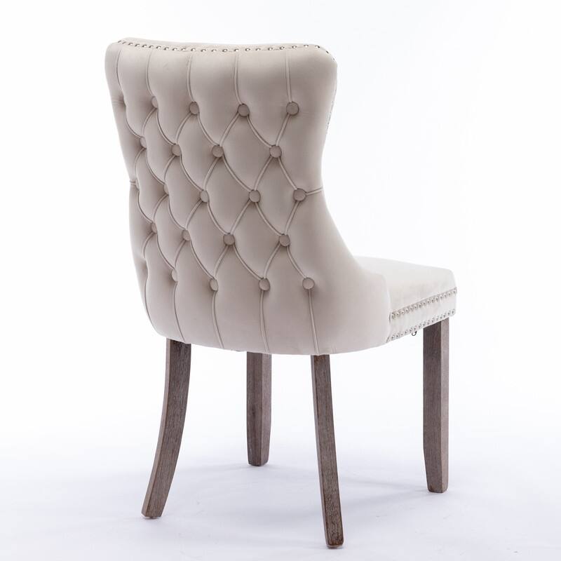 Modern Velvet Upholstered Wing-Back Dining Chair with Nailhead Trim/Solid Wood Legs-Set of 2-Beige