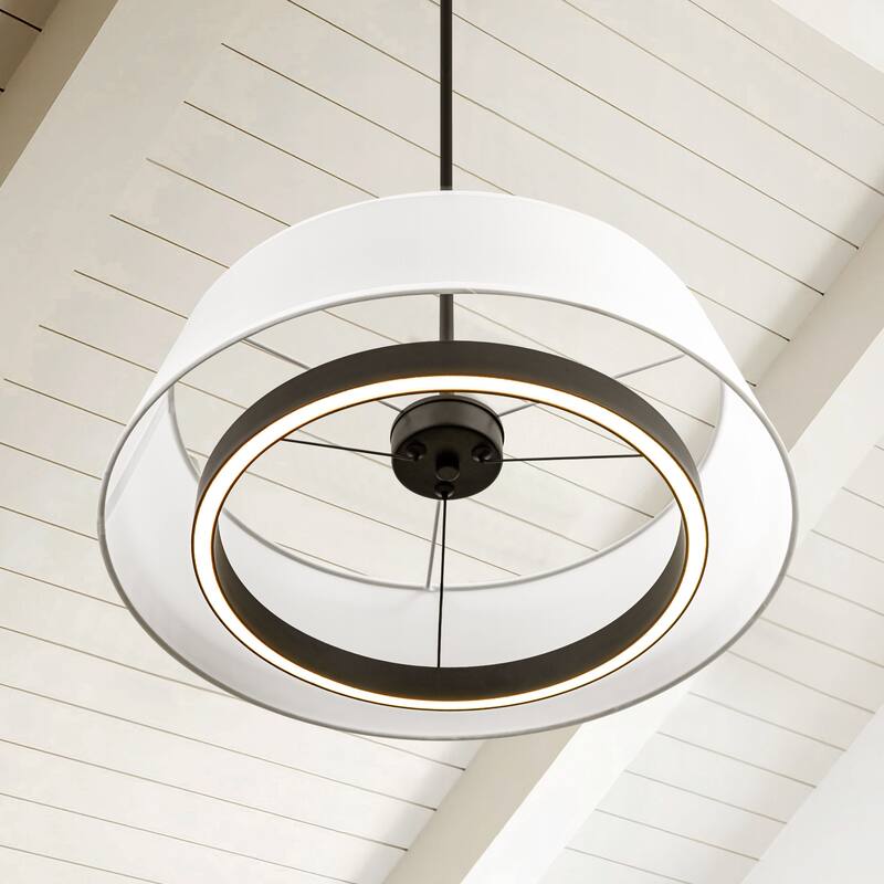 Modern Black Drum Fabric Integrated LED Pendant Light, Cylinder White Kitchen Island Lighting - 18.11 in. Dia. x 5.71 in. H