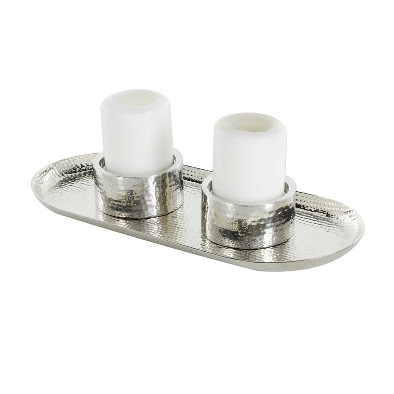 Gold or Silver Stainless Steel Metal Hammered Candle Holder with Oval Tray Plate