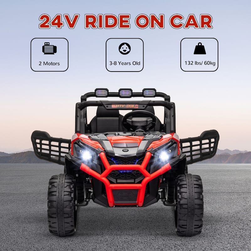 24V Kids Ride-On Car with Parent Remote Control, Red Battery Powered Electric Car Off-Road Toy Car with Safety Belts