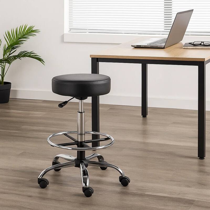 Fea Medical Drafting Stool, Round Black Vinyl, Chrome Footring