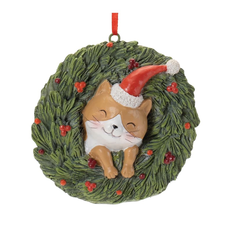Cat and Dog Christmas Ornaments Set in Pine Wreath Holiday Decor - 3.75" x 2.25" x 3.5"