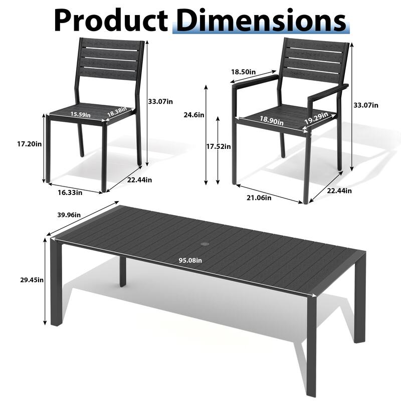 9-Piece Outdoor Patio Dining Set Wood Like Table Top Aluminum Rectangular Umbrella Hole Table with Stackable Dining Chairs