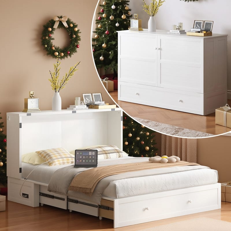 Mixoy Queen Horizontal Murphy Chest Bed with Mattress,Charging Station - White - Queen