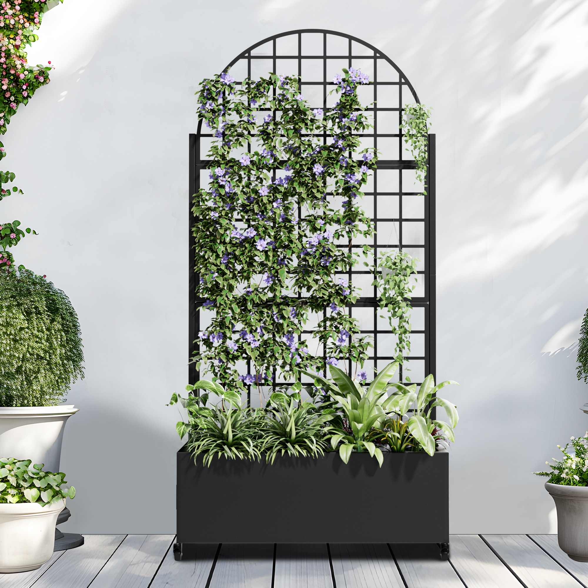 Planter Box with Trellis, Heavy Duty Raised Garden Bed with Wheels Outdoor Planter for Climbing Plants & Privacy Screen