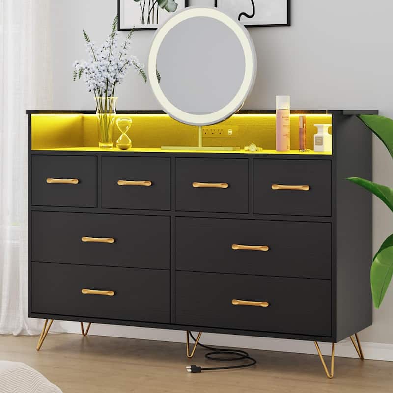 8 Drawer Dresser for Bedroom with LED Light, Charging Station & Open Shelf - Black
