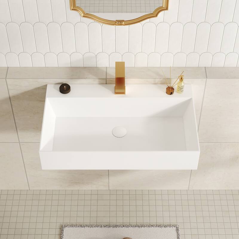 Solid Surface Wall-Mounted Rectangular Bathroom Sink with Pop-Up Drain, Modern Floating Wash Basin with Center Drain