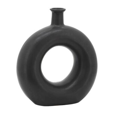 Sagebrook Home 8" Round Ceramic Vase Contemporary Abstract Cut-Out Vase in Classic Black- Creative Home or Office Decora
