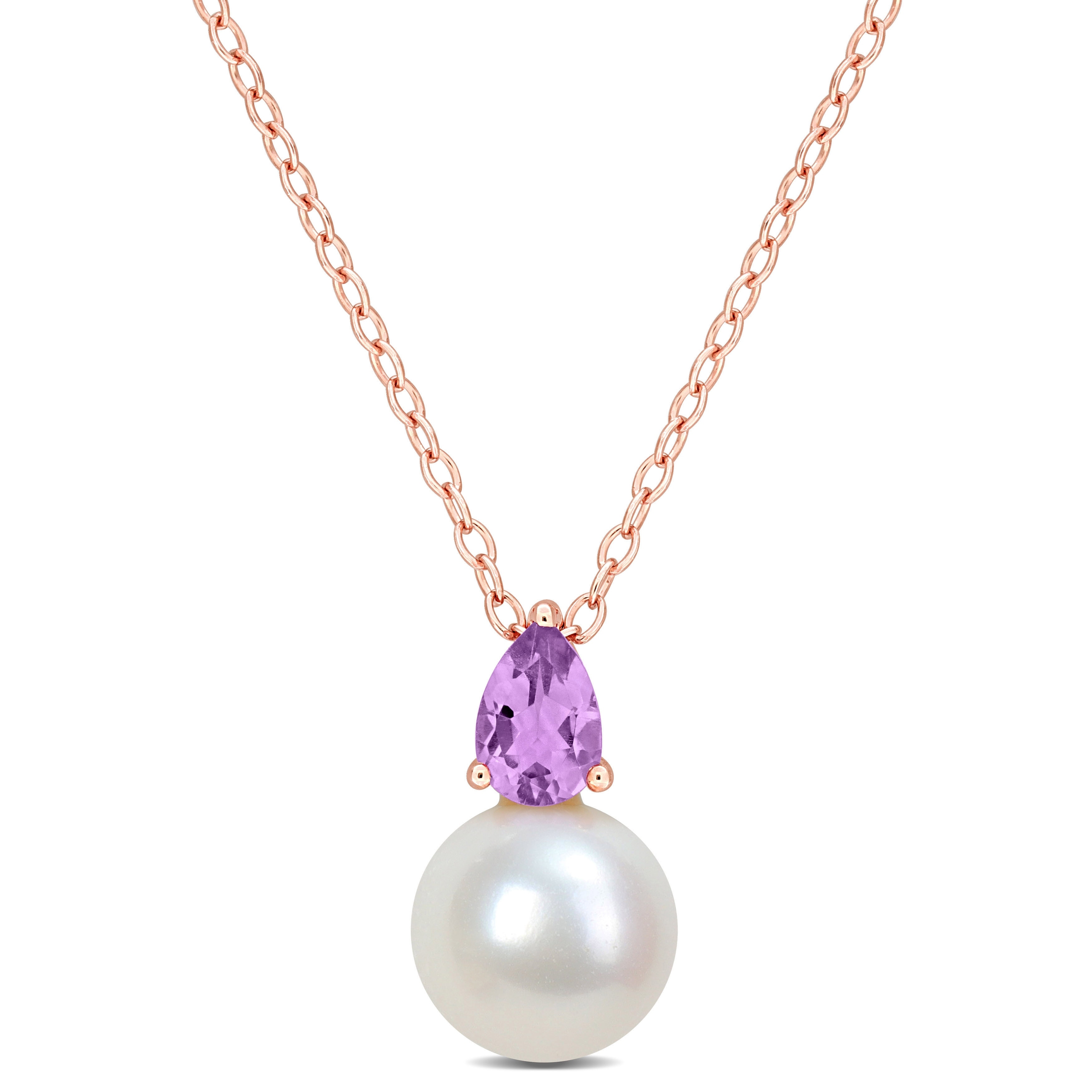 Miadora 1/3ct TGW Amethyst and 8.5-9mm Cultured Freshwater Pearl Pendant with Chain Rose Silver - 15.5 mm x 8.7 mm