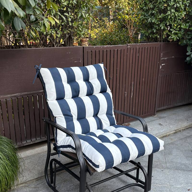 Navy Blue-White Polyester Outdoor Chair Cushions 2-Piece Set with Reversible, Tied Design - 44" L x 22" x 4"