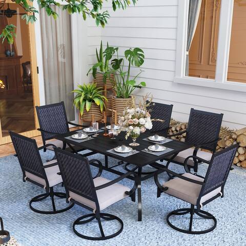 7-piece Patio Dining Set, 6 Rattan Swivel Chairs with Cushion and 1 Metal Table with Umbrella Hole