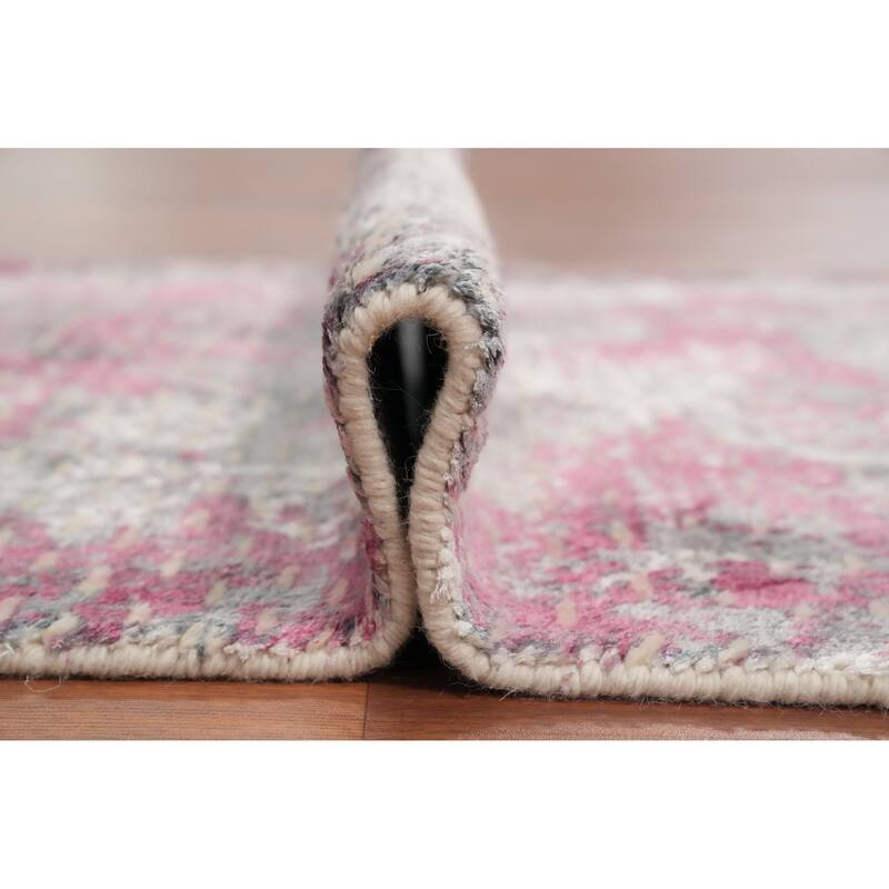 Hand Knotted Oriental Viscose Silk Carpet Modern All-Over Pink Abstract Area Rug - 3' 0'' X 2' 0''